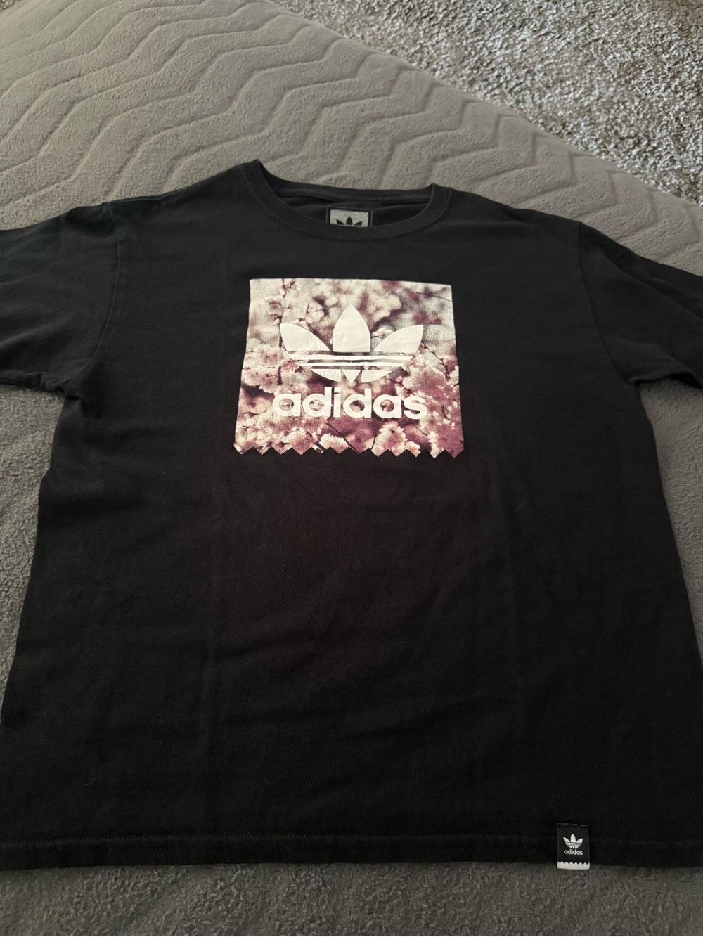 adidas Black Tee with White and Pink Floral Trefoil Square